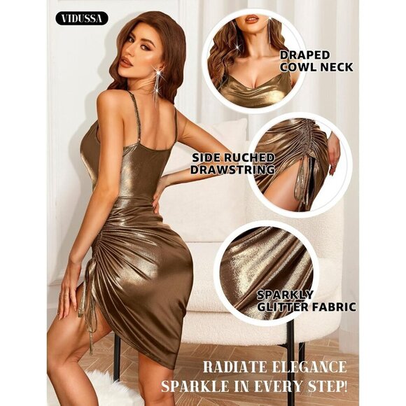 Women's Sexy Sparkly Gitter Bodycon Dress Cowl Neck Spaghetti  Strap Ruched - Picture 4 of 5